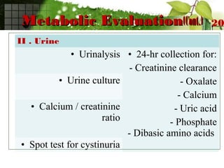 Metabolic EvaluationMetabolic Evaluation(Cont.)(Cont.) 20
II . Urine
• Urinalysis • 24-hr collection for:
- Creatinine clearance
- Oxalate
- Calcium
- Uric acid
- Phosphate
- Dibasic amino acids
• Urine culture
• Calcium / creatinine
ratio
• Spot test for cystinuria
 