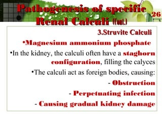 Pathogenesis of specificPathogenesis of specific
Renal CalculiRenal Calculi (Cont.)(Cont.)
3.Struvite Calculi3.Struvite Calculi
•Magnesium ammonium phosphate
•In the kidney, the calculi often have a staghorn
configuration, filling the calyces
•The calculi act as foreign bodies, causing:
- Obstruction
- Perpetuating infection
- Causing gradual kidney damage
26
 