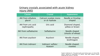 Causes Crystal Appearance
AKI from ethylene
glycol
Calcium oxalate mono
or di-hydrate
Needle or Envelop
shaped
AKI from uric acid
nephropathy
Uric acid Diamond shaped,
yellow or brown
AKI from sulfadiazine Sulfadiazine Needle shaped
(shocks of wheat)
AKI from acyclovir Acyclovir Needle shaped,
birefringent
AKI from indinavir Indinavir sulfate/
Azatavir
Needle shaped;
rosettes
Urinary crystals associated with acute kidney
injury (AKI)
Faubel S, Edelstein CL. The patient with acute kidney injury. In: Schrier RW,
editors. Manual of nephrology. 8th Edition. New Delhi: Wolters Kluwer
(India) Pvt Ltd; 2019. p. 228-30.
 