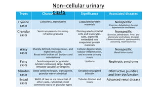 Types Characteristics Significance Associated diseases
Hyaline
casts
Colourless, translucent Coagulated protein
materials
Nonspecific
(Exercise, dehydration, benign
hypertension and fever)
Granular
casts
Semitransparent containing
refractile granules
Disintegrated epithelial
cells and leucocytes,
salts, pigments
embedded into
coagulated protein
materials
Nonspecific
(Exercise, dehydration, fever, and
glomerular and tubular disease)
Glomerulonephritis, pyelonephritis,
poisoning, nephrosclerosis
Waxy
casts
Sharply defined, homogeneous, and
highly refractile.
Broad with broken off borders and
indentations
Cellular degeneration,
tubular inflammation,
and extreme urinary
stasis
Nonspecific
(Renal failure casts)
Fatty
casts
Semitransparent or granular
cylinder containing large, highly
refractile vacuoles or droplets
Lipiduria Nephrotic syndrome
Bilirubin
casts
Deep yellow to brown, transparent,
granular waxy cylindrical
Elevated conjugated
bilirubin
Obstructive jaundice
and liver dysfunction
Broad
casts
Width of two to six times that of
other casts, cylindrical; most
commonly waxy or granular types
Tubular dilation and
stasis
Advanced renal disease
Non-cellular urinary
casts
 