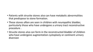 • Patients with struvite stones also can have metabolic abnormalities
that predispose to stone formation.
• These stones o...
