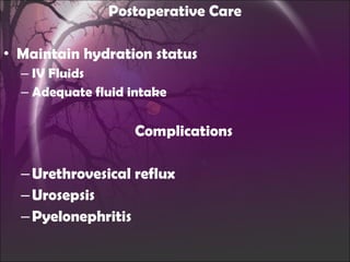 Postoperative Care Maintain hydration status IV Fluids Adequate fluid intake Complications Urethrovesical reflux Urosepsis Pyelonephritis  