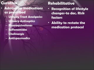 Curative Administer medications as prescribed Urinary Tract Analgesics Urinary Antiseptics Fluoroquinolones Sulfonamides Cholinergic Antispasmodics Rehabilitative Recognition of lifestyle changes-to dec. Risk factors Ability to restate the medication protocol 