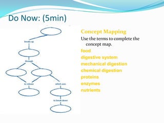 Do Now: (5min) Concept Mapping Use the terms to complete the concept map. food  digestive system mechanical digestion chemical digestion proteins  enzymes nutrients 