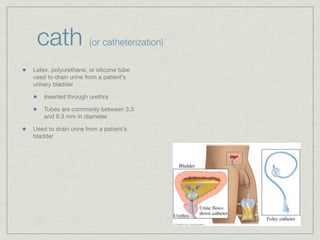 cath                (or catheterization)

Latex, polyurethane, or silicone tube
used to drain urine from a patient’s
urinary bladder

    Inserted through urethra

    Tubes are commonly between 3.3
    and 9.3 mm in diameter

Used to drain urine from a patient’s
bladder
 