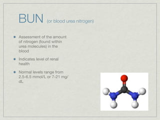 BUN              (or blood urea nitrogen)


Assessment of the amount
of nitrogen (found within
urea molecules) in the
blood

Indicates level of renal
health

Normal levels range from
2.5-6.5 mmol/L or 7-21 mg/
dL
 