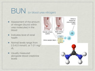 BUN              (or blood urea nitrogen)


Assessment of the amount
of nitrogen (found within
urea molecules) in the
blood

Indicates level of renal
health

Normal levels range from
2.5-6.5 mmol/L or 7-21 mg/
dL

Usually measured
alongside blood creatinine
levels
 