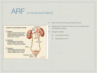 ARF   (or acute renal failure)


                             Also known as AKI (acute kidney injury)

                             Rapid loss of kidney function due to a large range
                             of probable causes

                             Causes include:

                                 Low blood volume

                                 Obstruction of UT
 