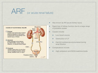 ARF   (or acute renal failure)


                             Also known as AKI (acute kidney injury)

                             Rapid loss of kidney function due to a large range
                             of probable causes

                             Causes include:

                                 Low blood volume

                                 Obstruction of UT

                                 Harmful substances encountered during
                                 renal ﬁltration

                             Complications include:

                                 High potassium and BUN/creatinine levels
 