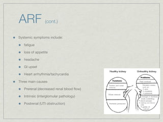 ARF              (cont.)


Systemic symptoms include:

   fatigue

   loss of appetite

   headache

   GI upset

   Heart arrhythmia/tachycardia

Three main causes

   Prerenal (decreased renal blood ﬂow)

   Intrinsic (interglomular pathology)

   Postrenal (UTI obstruction)
 