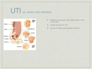 UTI   (or urinary tract infection)

                                Bacterial (occasionally viral/fungal) infection of the
                                urinary tract

                                Usually caused by E. Coli

                                Lower UTI called cystitis (bladder infection)
 