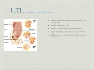 UTI   (or urinary tract infection)

                                Bacterial (occasionally viral/fungal) infection of the
                                urinary tract

                                Usually caused by E. Coli

                                Lower UTI called cystitis (bladder infection)

                                Upper UTI called pyelonephritis (kidney infection)

                                More common in woman due to urethral proximity
                                to anus
 