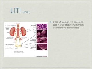 UTI   (cont.)


                50% of woman will have one
                UTI in their lifetime with many
                experiencing recurrences
 