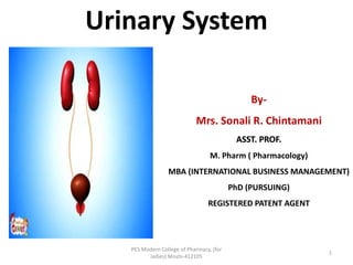 Urinary System
By-
Mrs. Sonali R. Chintamani
ASST. PROF.
M. Pharm ( Pharmacology)
MBA (INTERNATIONAL BUSINESS MANAGEMENT)
PhD (PURSUING)
REGISTERED PATENT AGENT
PES Modern College of Pharmacy, (for
ladies) Moshi-412105
1
 