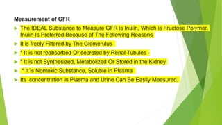 Measurement of GFR
 The IDEAL Substance to Measure GFR is Inulin, Which is Fructose Polymer.
Inulin Is Preferred Because of The Following Reasons
 It is freely Filtered by The Glomerulus
 * It is not reabsorbed Or secreted by Renal Tubules
 * It is not Synthesized, Metabolized Or Stored in the Kidney
 * It is Nontoxic Substance, Soluble in Plasma
 Its concentration in Plasma and Urine Can Be Easily Measured.
 