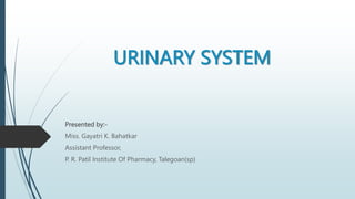 URINARY SYSTEM
Presented by:-
Miss. Gayatri K. Bahatkar
Assistant Professor,
P. R. Patil Institute Of Pharmacy, Talegoan(sp)
 