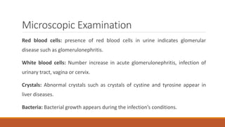 Microscopic Examination
Red blood cells: presence of red blood cells in urine indicates glomerular
disease such as glomerulonephritis.
White blood cells: Number increase in acute glomerulonephritis, infection of
urinary tract, vagina or cervix.
Crystals: Abnormal crystals such as crystals of cystine and tyrosine appear in
liver diseases.
Bacteria: Bacterial growth appears during the infection’s conditions.
 