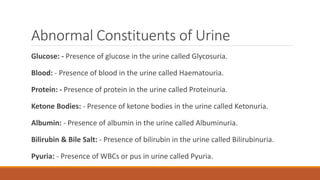 Abnormal Constituents of Urine
Glucose: - Presence of glucose in the urine called Glycosuria.
Blood: - Presence of blood in the urine called Haematouria.
Protein: - Presence of protein in the urine called Proteinuria.
Ketone Bodies: - Presence of ketone bodies in the urine called Ketonuria.
Albumin: - Presence of albumin in the urine called Albuminuria.
Bilirubin & Bile Salt: - Presence of bilirubin in the urine called Bilirubinuria.
Pyuria: - Presence of WBCs or pus in urine called Pyuria.
 