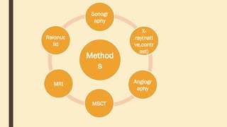 Method
s
Sonogr
aphy
X-
ray(nati
ve,contr
ast)
Angiogr
aphy
MSCT
MRI
Raionuc
lid
 