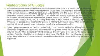 Reabsorption of Glucose
 Glucose is completely reabsorbed in the proximal convoluted tubule. It is transported by secondary
active transport (sodium cotransport) mechanism. Glucose and sodium bind to a common carrier protein
in the luminal membrane of tubular epithelium and enter the cell. The carrier protein is called sodium-
dependant glucose cotransporter 2 (SGLT2). From tubular cell glucose is transported into medullary
interstitium by another carrier protein called glucose transporter 2 (GLUT2). Tubular maximum for
glucose (TmG) In adult male, TmG is 375 mg/minute and in adult females it about 300 mg/minute. Renal
threshold for glucose Renal threshold for glucose is 180 mg/dL in venous blood. When the blood level
reaches 180 mg/dL glucose is not reabsorbed completely and appears in urine.
 Splay: Splay means deviation. With normal GFR of 125 mL/ minute and TmG of 375 mg/minute in an
adult male the predicted (expected) renal threshold for glucose should be 300 mg/dL. But actually it is
only 180 mg/dL. When the renal threshold curves are drawn by using these values, the actual curve
deviates from the ‘should be’ or predicted or ideal curve (Fig. 52.4). This type of deviation is called
splay. Splay is because of the fact that all the nephrons do not have the same filtering and reabsorbing
capacities.
 