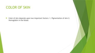 COLOR OF SKIN
 Color of skin depends upon two important factors: 1. Pigmentation of skin 2.
Hemoglobin in the blood.
 