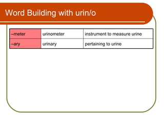 Word Building with urin/o

 –meter   urinometer   instrument to measure urine

 –ary     urinary      pertaining to urine
 