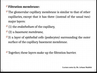0 Filtration membrane:
0 The glomerular capillary membrane is similar to that of other
capillaries, except that it has three (instead of the usual two)
major layers:
0 (1) the endothelium of the capillary,
0 (2) a basement membrane,
0 3) a layer of epithelial cells (podocytes) surrounding the outer
surface of the capillary basement membrane.
0 Together, these layers make up the filtration barrier.
Lecture notes by Dr. Arham Shabbir
 
