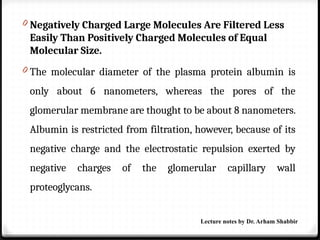 0 Negatively Charged Large Molecules Are Filtered Less
Easily Than Positively Charged Molecules of Equal
Molecular Size.
0 The molecular diameter of the plasma protein albumin is
only about 6 nanometers, whereas the pores of the
glomerular membrane are thought to be about 8 nanometers.
Albumin is restricted from filtration, however, because of its
negative charge and the electrostatic repulsion exerted by
negative charges of the glomerular capillary wall
proteoglycans.
Lecture notes by Dr. Arham Shabbir
 