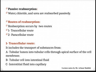 0 Passive reabsorption:
0 Water, chloride, and urea are reabsorbed passively.
0 Routes of reabsorption:
0 Reabsorption occurs by two routes
0 1- Trancellular route
0 2- Paracellular route
1- Trancellular route:
It includes the transport of substances from:
A- Tubular lumen into tubular cells through apical surface of the cell
membrane.
B- Tubular cell into intestinal fluid
C- Interstitial fluid into capillary
Lecture notes by Dr. Arham Shabbir
 