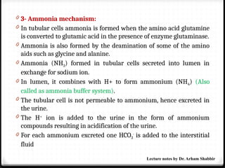 0 3- Ammonia mechanism:
0 In tubular cells ammonia is formed when the amino acid glutamine
is converted to glutamic acid in the presence of enzyme glutaminase.
0 Ammonia is also formed by the deamination of some of the amino
aids such as glycine and alanine.
0 Ammonia (NH3) formed in tubular cells secreted into lumen in
exchange for sodium ion.
0 In lumen, it combines with H+ to form ammonium (NH4) (Also
called as ammonia buffer system).
0 The tubular cell is not permeable to ammonium, hence excreted in
the urine.
0 The H+
ion is added to the urine in the form of ammonium
compounds resulting in acidification of the urine.
0 For each ammonium excreted one HCO3
-
is added to the interstitial
fluid
Lecture notes by Dr. Arham Shabbir
 