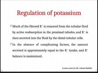 Regulation of potassium
0 Much of the filtered K+
is removed from the tubular fluid
by active reabsorption in the proximal tubules, and K+
is
then secreted into the fluid by the distal tubular cells.
0 In the absence of complicating factors, the amount
secreted is approximately equal to the K+
intake, and K+
balance is maintained.
Lecture notes by Dr. Arham Shabbir
 