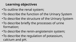 Learning objectives
•To outline the renal system;
•To describe the function of the Urinary System
•To describe the structure of the Urinary System
•To describe briefly the processes of urine
formation;
•To describe the renin-angiotensin system;
•To describe the regulation of potassium,
calcium and pH.
 
