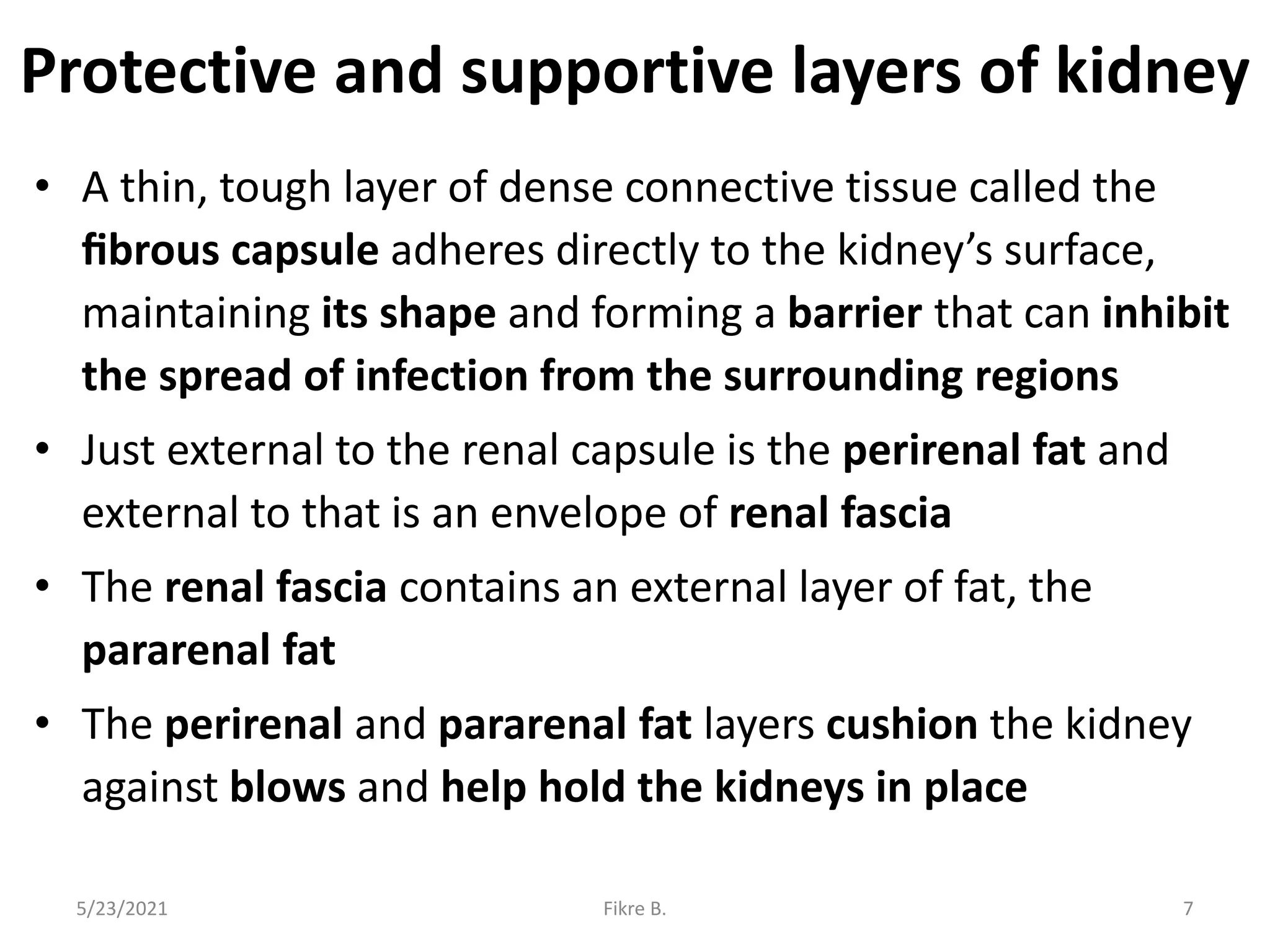 Protective and supportive layers of kidney
• A thin, tough layer of dense connective tissue called the
ﬁbrous capsule adheres directly to the kidney’s surface,
maintaining its shape and forming a barrier that can inhibit
the spread of infection from the surrounding regions
• Just external to the renal capsule is the perirenal fat and
external to that is an envelope of renal fascia
• The renal fascia contains an external layer of fat, the
pararenal fat
• The perirenal and pararenal fat layers cushion the kidney
against blows and help hold the kidneys in place
5/23/2021 Fikre B. 7
 