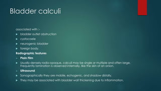 Bladder calculi
associated with :-
 bladder outlet obstruction
 cystocoele
 neurogenic bladder
 foreign body.
Radiographic features
 Plain Film
 Usually densely radio-opaque, calculi may be single or multiple and often large.
Frequently lamination is observed internally, like the skin of an onion.
 Ultrasound
 Sonographically they are mobile, echogenic, and shadow distally.
 They may be associated with bladder wall thickening due to inflammation.
 