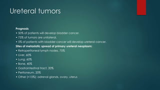 Ureteral tumors
Prognosis
• 50% of patients will develop bladder cancer.
• 75% of tumors are unilateral.
• 5% of patients with bladder cancer will develop ureteral cancer.
Sites of metastatic spread of primary ureteral neoplasm:
• Retroperitoneal lymph nodes, 75%
• Liver, 60%
• Lung, 60%
• Bone, 40%
• Gastrointestinal tract, 20%
• Peritoneum, 20%
• Other (<15%): adrenal glands, ovary, uterus
 