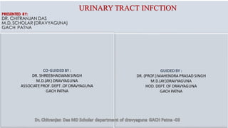 URINARY TRACT INFCTION
PRESENTED BY:
DR. CHITRANJAN DAS
M.D. SCHOLAR (DRAVYAGUNA)
GACH PATNA
GUIDEDBY :
DR. (PROF.)MAHENDRA PRASAD SINGH
M.D.(AY.)DRAVYAGUNA
HOD. DEPT. OF DRAVYAGUNA
GACH PATNA
CO-GUIDEDBY :
DR. SHREEBHAGWANSINGH
M.D.(AY.) DRAVYAGUNA
ASSOCIATEPROF. DEPT .OF DRAVYAGUNA
GACH PATNA
 