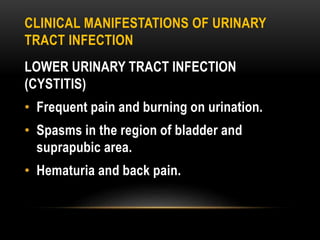 LOWER URINARY TRACT INFECTION
(CYSTITIS)
• Frequent pain and burning on urination.
• Spasms in the region of bladder and
suprapubic area.
• Hematuria and back pain.
CLINICAL MANIFESTATIONS OF URINARY
TRACT INFECTION
 