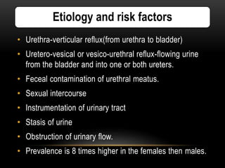 Etiology and risk factors
• Urethra-verticular reflux(from urethra to bladder)
• Uretero-vesical or vesico-urethral reflux-flowing urine
from the bladder and into one or both ureters.
• Feceal contamination of urethral meatus.
• Sexual intercourse
• Instrumentation of urinary tract
• Stasis of urine
• Obstruction of urinary flow.
• Prevalence is 8 times higher in the females then males.
 