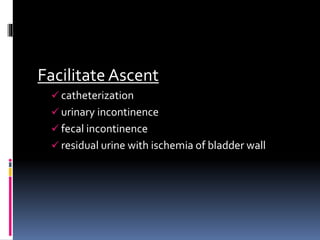Facilitate Ascent
 catheterization
 urinary incontinence
 fecal incontinence
 residual urine with ischemia of bladder wall
 