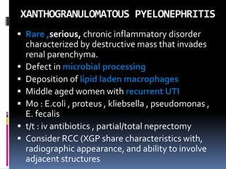 XANTHOGRANULOMATOUS PYELONEPHRITIS
 Rare ,serious, chronic inflammatory disorder
characterized by destructive mass that invades
renal parenchyma.
 Defect in microbial processing
 Deposition of lipid laden macrophages
 Middle aged women with recurrent UTI
 Mo : E.coli , proteus , kliebsella , pseudomonas ,
E. fecalis
 t/t : iv antibiotics , partial/total neprectomy
 Consider RCC (XGP share characteristics with,
radiographic appearance, and ability to involve
adjacent structures
 