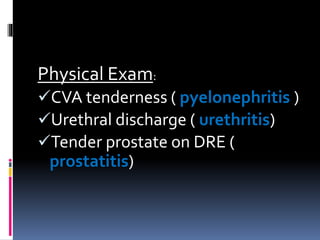 Physical Exam:
CVA tenderness ( pyelonephritis )
Urethral discharge ( urethritis)
Tender prostate on DRE (
prostatitis)
 