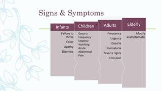 Signs & Symptoms
Mostly
asymptomatic
Elderly
Frequency
Urgency
Dysuria
Hematuria
Fever e rigors
Loin pain
AdultsChildren
Failure to
thrive
Fever
Apathy
Diarrhea
Infants
Dysuria
Frequency
Urgency
Vomiting
Acute
Abdominal
Pain
 
