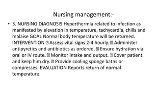 Nursing management:-
• 3. NURSING DIAGNOSIS Hyperthermia related to infection as
manifested by elevation in temperature, tachycardia, chills and
malaise GOAL Normal body temperature will be returned.
INTERVENTION Assess vital signs 2-4 hourly. Administer
antipyretics and antibiotics as ordered. Ensure hydration via
oral or IV route. Monitor intake and output. Cover patient
and keep him dry. Provide cooling sponge baths or
compresses. EVALUATION Reports return of normal
temperature.
 