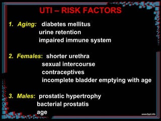 UTI – RISK FACTORS
1. Aging: diabetes mellitus
urine retention
impaired immune system
2. Females: shorter urethra
sexual intercourse
contraceptives
incomplete bladder emptying with age
3. Males: prostatic hypertrophy
bacterial prostatis
age
 