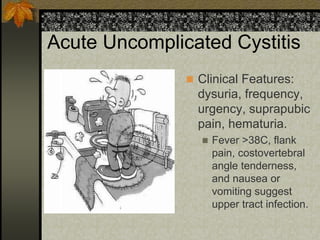 Acute Uncomplicated Cystitis
                Clinical Features:
                 dysuria, frequency,
                 urgency, suprapubic
                 pain, hematuria.
                    Fever >38C, flank
                     pain, costovertebral
                     angle tenderness,
                     and nausea or
                     vomiting suggest
                     upper tract infection.
 