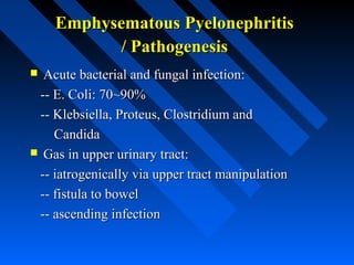 Emphysematous Pyelonephritis
/ Pathogenesis
Acute bacterial and fungal infection:
-- E. Coli: 70~90%
-- Klebsiella, Proteus, Clostridium and
Candida
 Gas in upper urinary tract:
-- iatrogenically via upper tract manipulation
-- fistula to bowel
-- ascending infection


 