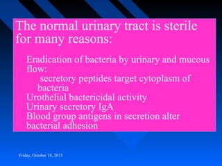 The normal urinary tract is sterile
for many reasons:
Eradication of bacteria by urinary and mucous
flow:
secretory peptides target cytoplasm of
bacteria
Urothelial bactericidal activity
Urinary secretory IgA
Blood group antigens in secretion alter
bacterial adhesion
Friday, October 18, 2013

 