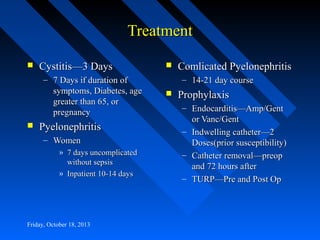 Treatment


Cystitis—3 Days
– 7 Days if duration of
symptoms, Diabetes, age
greater than 65, or
pregnancy



Pyelonephritis
– Women
» 7 days uncomplicated
without sepsis
» Inpatient 10-14 days

Friday, October 18, 2013



Comlicated Pyelonephritis
– 14-21 day course



Prophylaxis
– Endocarditis—Amp/Gent
or Vanc/Gent
– Indwelling catheter—2
Doses(prior susceptibility)
– Catheter removal—preop
and 72 hours after
– TURP—Pre and Post Op

 