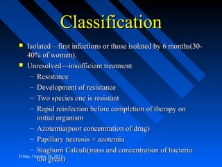 Classification
Isolated—first infections or those isolated by 6 months(3040% of women).
 Unresolved—insufficient treatment
– Resistance
– Development of resistance
– Two species one is resistant
– Rapid reinfection before completion of therapy on
initial organism
– Azotemia(poor concentration of drug)
– Papillary necrosis + azotemia
– Staghorn Calculi(mass and concentration of bacteria
Friday, October 18, 2013
too great)


 