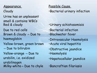 Appearance Possible Cause
Cloudy
Urine has an unpleasant
smell & contains WBCs
•Bacterial urinary infection
Red & cloudy
Due to red cells
•Urinary schistosomiais
•Bacterial infection
Brown & cloudy → Due to
haemoglobin
•Blackwater fever
•Intravascular Haemolysis
Yellow-brown, green brown
→ Due to bilirubin
•Acute viral hepatitis
•Obstructive jaundice
Yellow-orange → Due to
urobilin, i.e. oxidized
urobilinogen
•Haemolysis
•Hepatocellular jaundice
Milky-white→ Due to chyle •Bancroftian filariasis
 